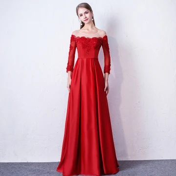Chic Belle Rouge Robe De Soirée 2019 Princesse Encolure Dégagée Appliques Perlage En Dentelle Fleur 3 4 Manches Dos Nu Longue Robe De Ceremonie