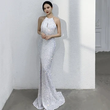 Sparkly Ivory Sequins Evening Dresses 2021 Trumpet Mermaid Scoop Neck Sleeveless Sweep Train Evening Party Formal Dresses