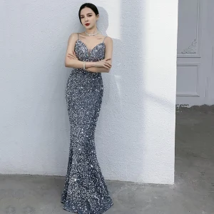 Sexy Scintillantes Océan Bleu Paillettes Robe De Soirée 2021 Trompette Sirène Bretelles Spaghetti Sans Manches Dos Nu Longue Robe De Ceremonie