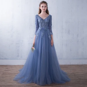 Chic Belle Océan Bleu Robe De Soirée 2018 Princesse Appliques V Cou Dos Nu 3 4 Manches Longue Robe De Ceremonie