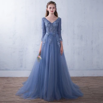 Chic Belle Océan Bleu Robe De Soirée 2018 Princesse Appliques V Cou Dos Nu 3 4 Manches Longue Robe De Ceremonie