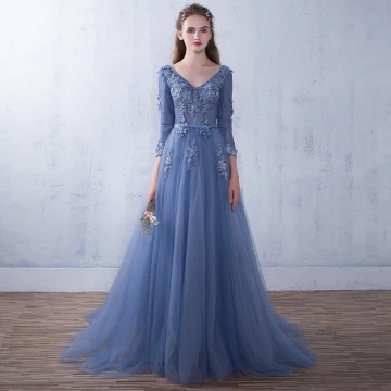 Chic Beautiful Ocean Blue Evening Dresses 2018 A Line Princess Appliques V Neck Backless 3 4 Sleeve Floor Length Long Formal Dresses
