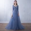 Chic / Beautiful Ocean Blue Evening Dresses  2018 A-Line / Princess Appliques V-Neck Backless 3/4 Sleeve Floor-Length / Long Formal Dresses