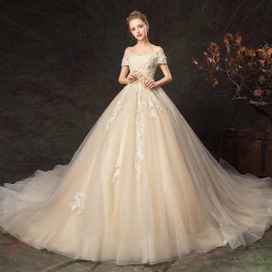 Chic Beautiful Champagne Wedding Dresses 2019 A Line Princess Off The Shoulder Pearl Appliques Lace Flower Short Sleeve Backless Cathedral Train