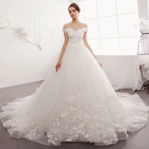 Charming Ivory Wedding Dresses 2019 A Line Princess Off The Shoulder Lace Flower Pearl Appliques Sleeveless Backless Cathedral Train