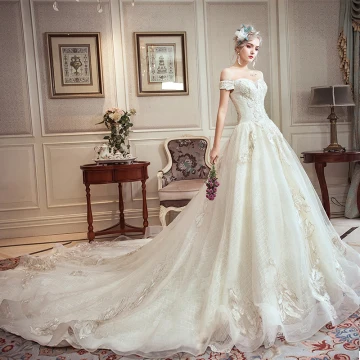 Chic Beautiful Champagne Wedding Dresses 2019 A Line Princess Off The Shoulder Beading Rhinestone Lace Flower Short Sleeve Backless Royal Train