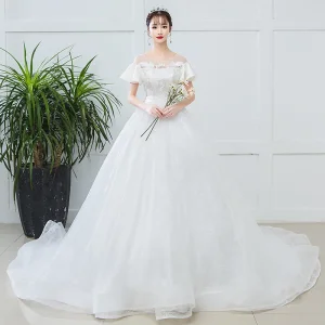 Elegant Ivory Pregnant Wedding Dresses 2019 Empire Scoop Neck Lace Flower Short Sleeve Backless Chapel Train