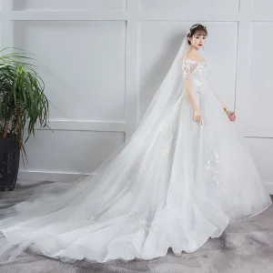 Elegant Ivory Pregnant Wedding Dresses 2019 Empire Off The Shoulder Sequins Appliques Lace Flower Short Sleeve Chapel Train