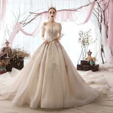 Eleganckie Szampan Suknie Ślubne 2019 Suknia Balowa Przy Ramieniu Frezowanie Z Koronki Kwiat Cekiny Kótkie Rękawy Bez Pleców Trenem Katedra