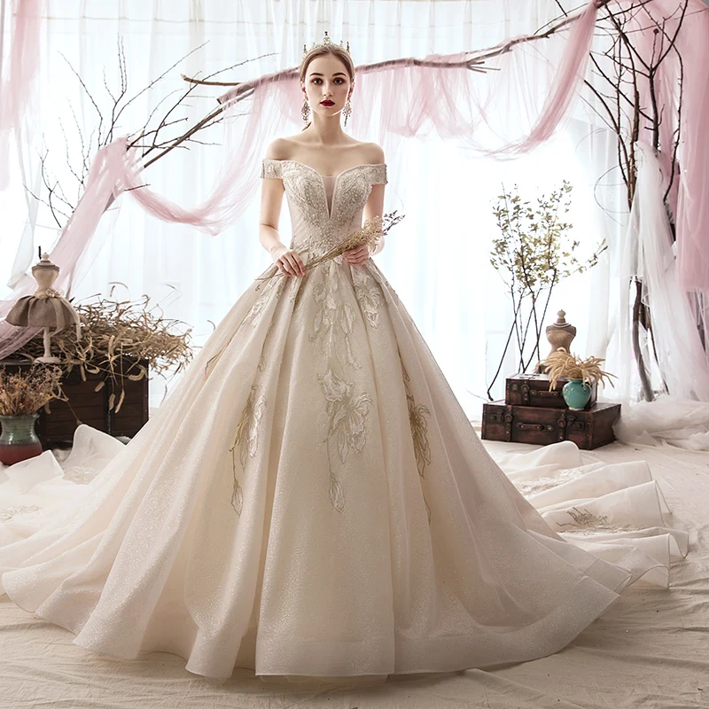 Elegant Champagne Wedding Dresses 2019 Ball Gown Off The Shoulder Beading  Lace Flower Sequins Short Sleeve Backless Cathedral Train
