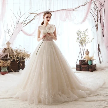 Luxe Champagne Robe De Mariée 2019 Princesse Encolure Dégagée Perlage Paillettes Sans Manches Cathedral Train