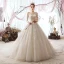 Luxury / Gorgeous Champagne Wedding Dresses 2019 A-Line / Princess Scoop Neck Sequins Lace Flower 3/4 Sleeve Backless Cathedral Train
