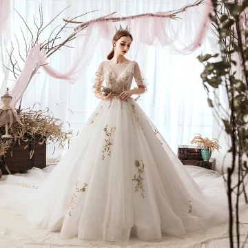 Eleganta Elfenben Bröllopsklänningar 2019 Prinsessa Urringning Paljetter Spets Blomma Korta Ärm Cathedral Train