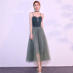 Chic Belle Bleu D 039 Encre Robe De Soirée 2019 Princesse Bretelles Spaghetti Noeud Sans Manches Dos Nu Thé Longueur Robe De Ceremonie