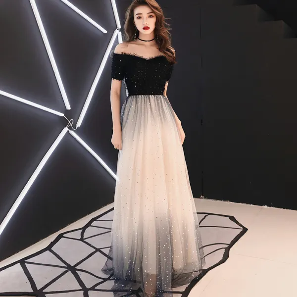 Elegant Black Evening Dresses  2019 A-Line / Princess Off-The-Shoulder Tassel Sequins Short Sleeve Backless Floor-Length / Long Formal Dresses