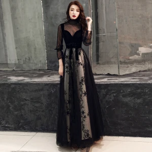 Chic Beautiful Black Evening Dresses 2019 A Line Princess Suede Spotted High Neck Star Bow 3 4 Sleeve Floor Length Long Formal Dresses