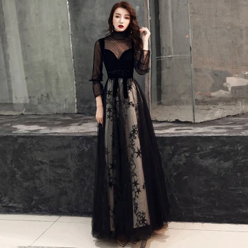 Chic Belle Noire Robe De Soirée 2019 Princesse Daim Tachetée Col Haut Étoile Noeud 3 4 Manches Longue Robe De Ceremonie