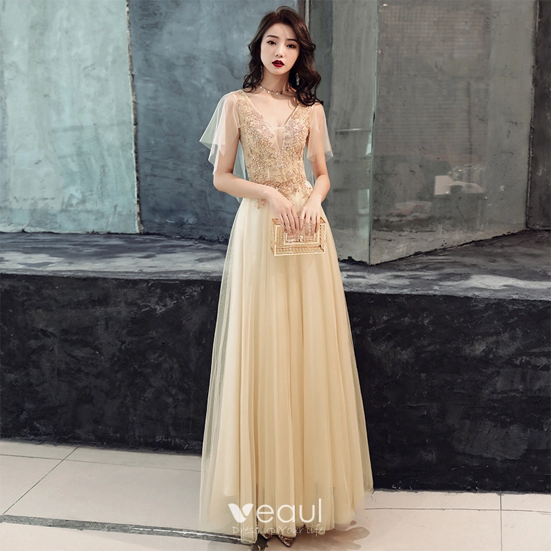 Elegant Champagne Evening Dresses 2019 A Line Princess Beading Crystal Sequins Lace Flower Backless V Neck Short Sleeve Floor Length Long Formal Dresses
