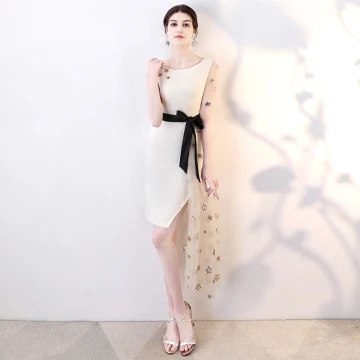 Amazing Unique Champagne High Low Evening Dresses 2018 Sequins Star Bow Scoop Neck Short Sleeve Short Formal Dresses