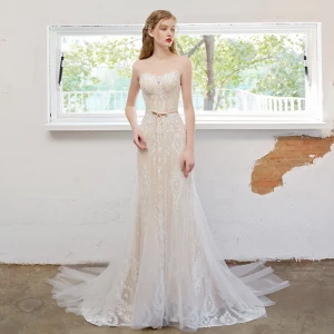 Sexy Champán Trumpet Mermaid Vestidos De Novia 2021 Scoop Escote Bowknot Flor Con Encaje Sin Mangas Sin Espalda Colas De Barrido Boda