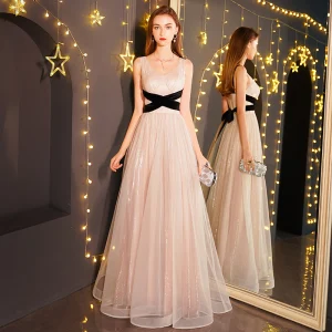 Moderne Mode Champagne Robe De Soirée 2019 Princesse V Cou Noeud Sans Manches Dos Nu Longue Robe De Ceremonie