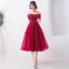 Chic / Beautiful Burgundy Evening Dresses  2019 A-Line / Princess Off-The-Shoulder Beading Crystal Lace Flower Short Sleeve Backless Tea-length Formal Dresses