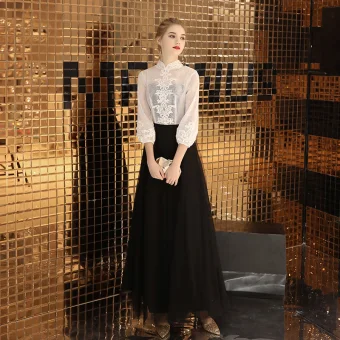 Elegant Black Evening Dresses 2019 A Line Princess High Neck Lace Flower 3 4 Sleeve Floor Length Long Formal Dresses