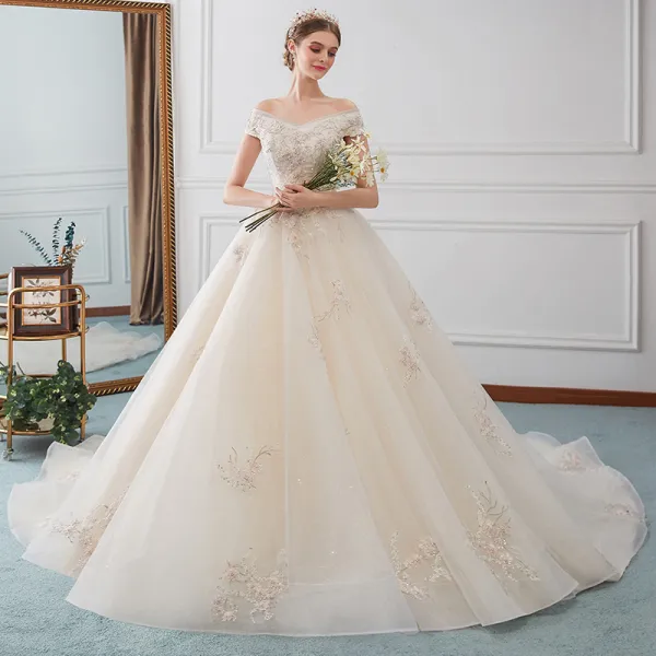 Charming Ivory Wedding Dresses 2019 A Line Princess Off The Shoulder Beading Pearl Appliques Lace Flower