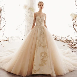 Élégant Champagne Robe De Mariée 2019 Princesse Encolure Dégagée Perlage En Dentelle Fleur Perle 1 2 Manches Cathedral Train