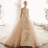 Elegant Champagne Wedding Dresses 2019 A-Line / Princess Scoop Neck Beading Lace Flower Pearl 1/2 Sleeves Cathedral Train