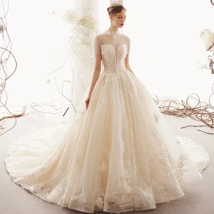 Luxury Gorgeous Champagne Wedding Dresses 2019 Ball Gown High Neck Tassel Beading Crystal Lace Flower Sequins Short Sleeve Backless Cathedral Train