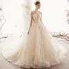 Luxury / Gorgeous Champagne Wedding Dresses 2019 Ball Gown High Neck Tassel Beading Crystal Lace Flower Sequins Short Sleeve Backless Cathedral Train