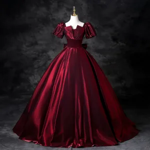 Vintage Retro Burgundy Prom Dresses 2025 Ball Gown Square Neckline Puffy Short Sleeve Backless Bow Floor Length Long Prom Formal Dresses