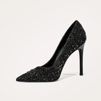 Charmant Noire Soirée Paillettes Escarpins 2021 10 Cm Talons Aiguilles Cuir À Bout Pointu Escarpins Talons Hauts