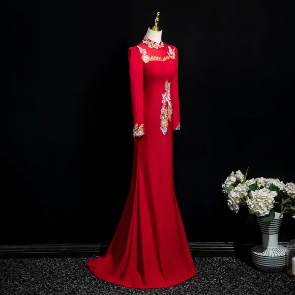 Vintage / Retro Burgundy Beading Sequins Lace Flower Evening Dresses 2025 Trumpet / Mermaid High Neck Long Sleeve Floor-Length / Long Evening Party Formal Dresses