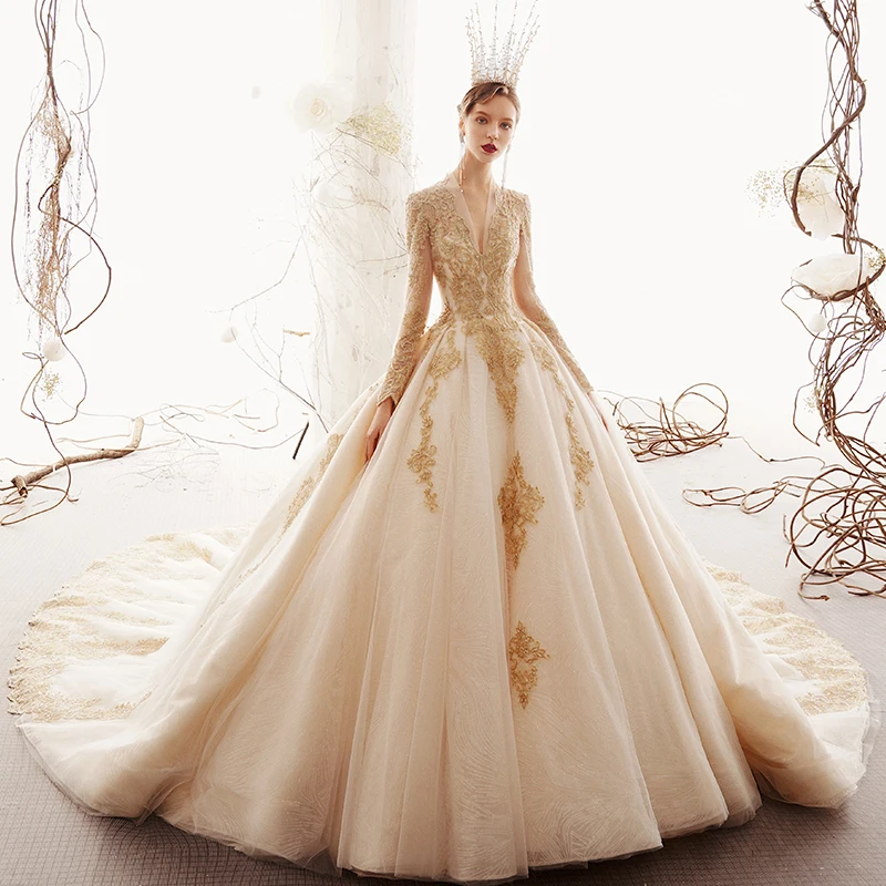 chinese dress ladies Champagne A Line Wedding Dresses High Split Vestido De Noivas ZW710 main image 0
