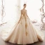 Luxus / Herrlich Champagner Brautkleider / Hochzeitskleider 2019 Ballkleid Tiefer V-Ausschnitt Perlenstickerei Spitze Blumen Lange Ärmel Rückenfreies Kathedrale Schleppe