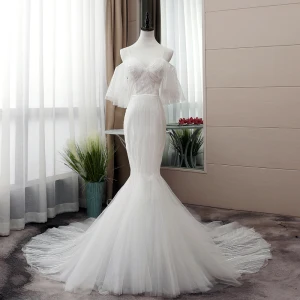 Elegant Hvit Brudekjoler 2019 Trompet Havfrue Spaghettistropper Paljetter Korte Ermer Ryggløse Cathedral Train