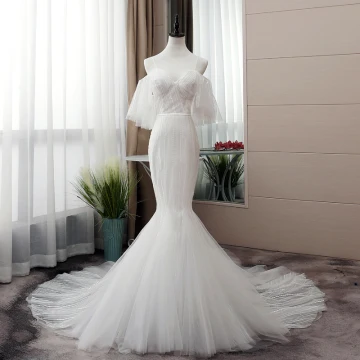 Élégant Blanche Robe De Mariée 2019 Trompette Sirène Bretelles Spaghetti Paillettes Manches Courtes Dos Nu Cathedral Train