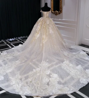 Luxury Gorgeous Champagne Wedding Dresses 2019 Ball Gown Off The Shoulder Beading Pearl Sequins Lace Flower Short Sleeve Backless Cathedral Train