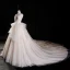 Luxury / Gorgeous Champagne Wedding Dresses 2019 A-Line / Princess V-Neck Glitter Tulle Cascading Ruffles Sleeveless Backless Cathedral Train