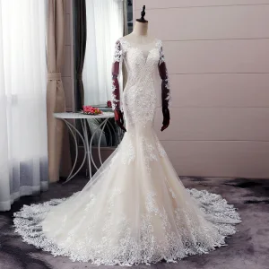 Sexy Champagne Wedding Dresses 2019 Trumpet Mermaid Scoop Neck Sequins Pearl Lace Flower Long Sleeve Backless Court Train