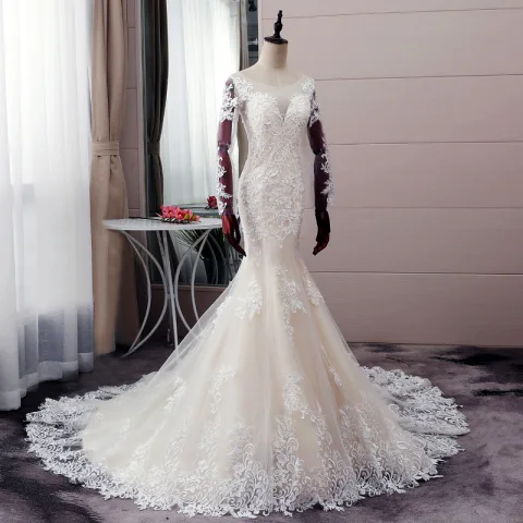 Sexy Champagner Brautkleider / Hochzeitskleider 2019 Meerjungfrau Rundhalsausschnitt Pailletten Perle Spitze Blumen Lange Ärmel Rückenfreies Hof-Schleppe