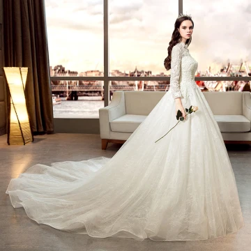 Elegant Ivory Wedding Dresses 2019 A Line Princess Scoop Neck Beading Pearl Sequins Lace Flower 3 4 Sleeve Cathedral Train