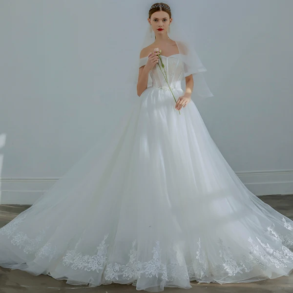 Elegant Ivory Wedding Dresses 2019 A-Line / Princess Off-The-Shoulder Beading Sequins Bow Sleeveless Backless Chapel Train