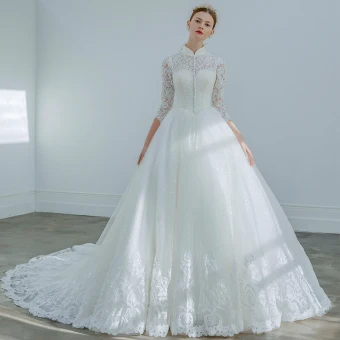 Elegante Ivoor Trouwjurken 2019 A Lijn Hoge Kraag Kant Bloem Toetsen 3 4 Mouwen Chapel Train