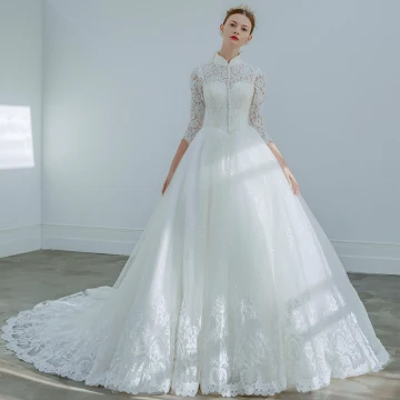 Élégant Ivoire Robe De Mariée 2019 Princesse Col Haut En Dentelle Fleur Boutons 3 4 Manches Chapel Train