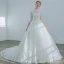 Elegant Ivory Wedding Dresses 2019 A-Line / Princess High Neck Lace Flower Buttons 3/4 Sleeve Chapel Train