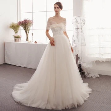 Élégant Champagne Robe De Mariée 2019 Princesse De L 039 Épaule Paillettes En Dentelle Fleur Manches Courtes Dos Nu Train De Balayage
