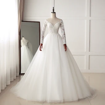 Chic Belle Ivoire Robe De Mariée 2019 Princesse Encolure Dégagée Boutons En Dentelle Fleur Manches Longues Train De Balayage